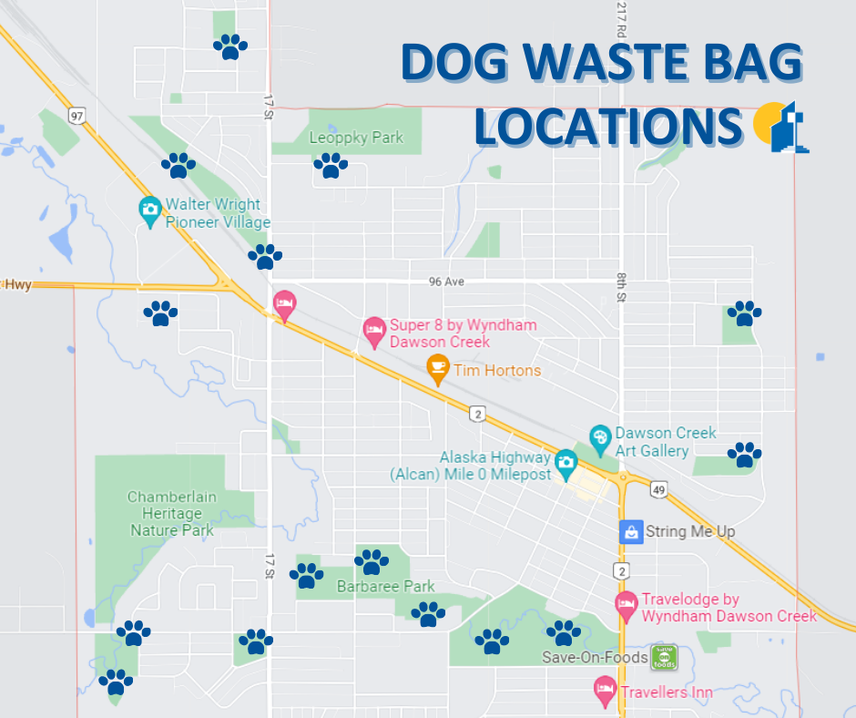 Dog waste sites in Dawson Creek Map of waste stations on parks and trails
